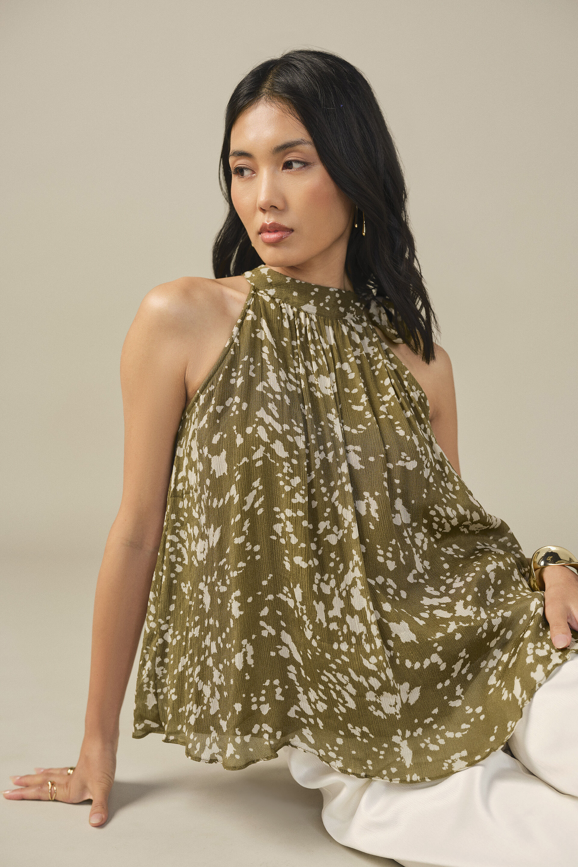 Abstract Print Top in Olive, Green, image 3